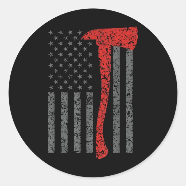 Pegatina Redonda Firefighting, Firefighter Axe & Helmet, Fire (Anverso)