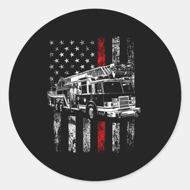 Pegatina Redonda Fireman American Flag Thin Red Line Firefighter  (Anverso)