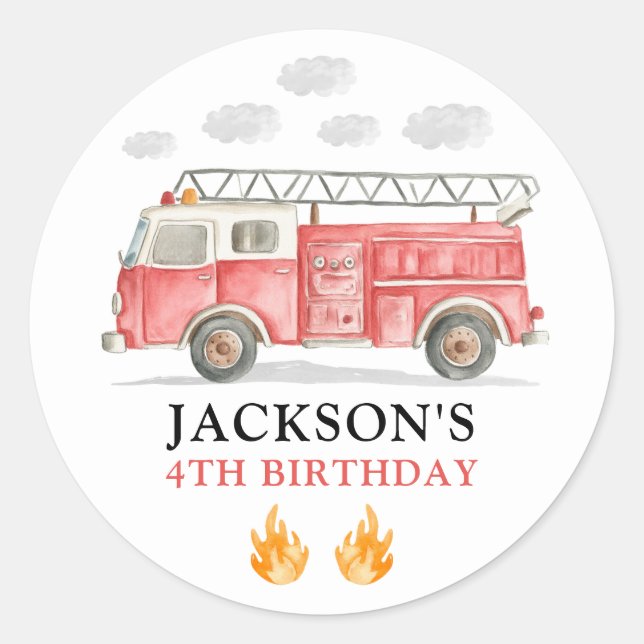Pegatina Redonda Firetruck Calling All Firefigthers Boy Birthday (Anverso)