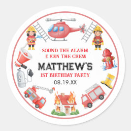 Pegatina Redonda Firetrucks Boy 1st Birthday | Cute Little party