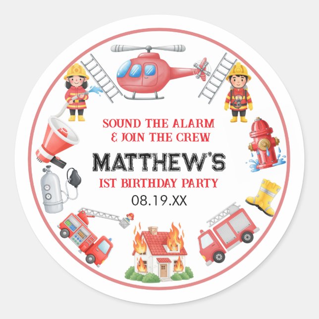 Pegatina Redonda Firetrucks Boy 1st Birthday | Cute Little party (Anverso)