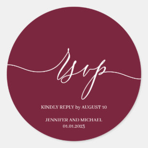 Pegatina Redonda Firma de guión RSVP de boda elegante burgundy