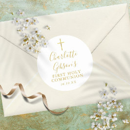 Pegatina Redonda Firma Dorada Cruz de Oro Primera Santa Comunión