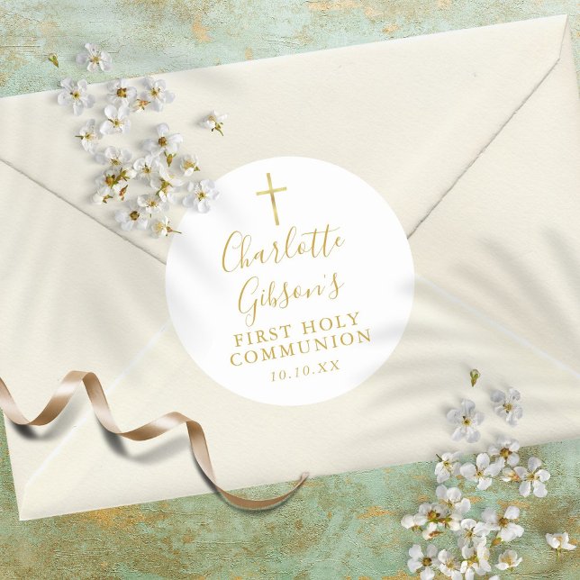 Pegatina Redonda Firma Dorada Cruz de Oro Primera Santa Comunión (Subido por el creador)