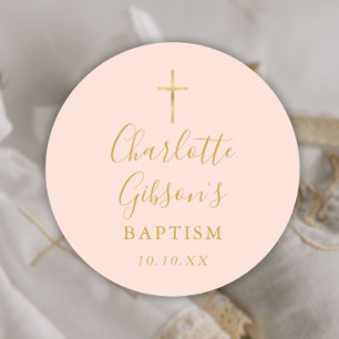 Pegatina Redonda Firme de Oro Bautizo Cristiandad Rosa Pálido