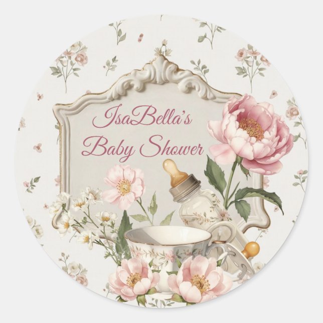 Pegatina Redonda First Bloom Baby Shower Classic Round Sticker (Anverso)