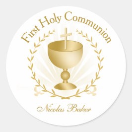 Pegatina Redonda First Communion Gold Chalice Laurel Wreath Sticker