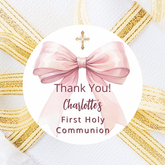 Pegatina Redonda First Communion pink bow girl cross thank you (Subido por el creador)