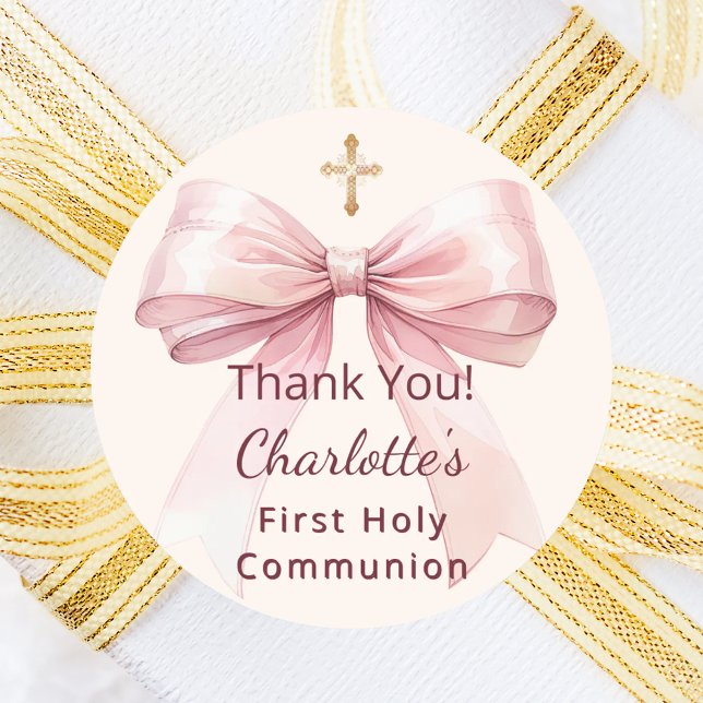 Pegatina Redonda First Communion pink bow ivory cross thank you (Subido por el creador)