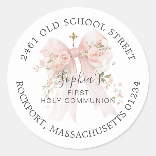 Pegatina Redonda First Communion Pink Bow Return Address Label (Anverso)