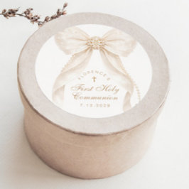 Pegatina Redonda First Holly Communion Gold Cross Ivory Bow