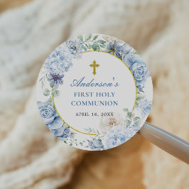 Pegatina Redonda First Holy Communion Dusty Blue Floral