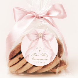 Pegatina Redonda First Holy Communion Gold Cross Pink Bow