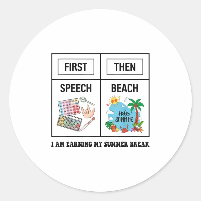 Pegatina Redonda First Speech Then Beach Funny Speech Therapy Summe (Anverso)
