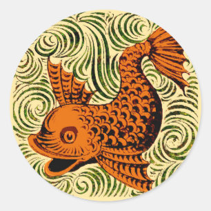 Pegatina Redonda Fish Antiguo Tile Antiguo arte