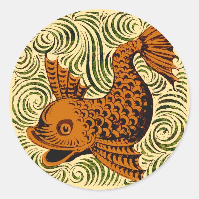 Pegatina Redonda Fish Antiguo Tile Antiguo arte (Anverso)