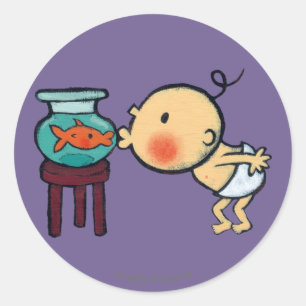 Pegatina Redonda Fishbowl besa el Goldfish anaranjado