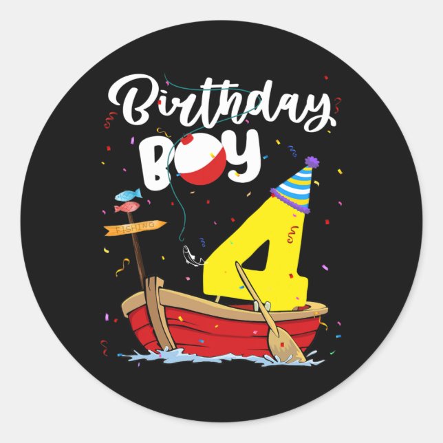 Pegatina Redonda Fisherman 4th Birthday Boy Fishing 4 Year Old (Anverso)