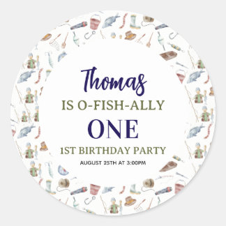 Pegatina Redonda Fishing 1st Birthday | O-Fish-Ally One party
