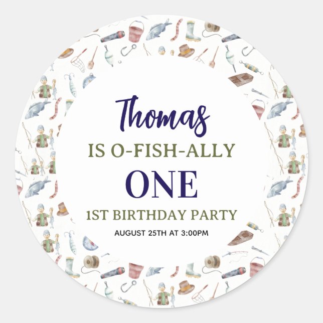 Pegatina Redonda Fishing 1st Birthday | O-Fish-Ally One party (Anverso)
