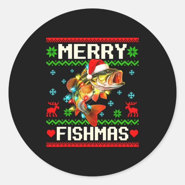 Pegatina Redonda Fishing B Fish Merry Fishmas Fisherman Ugly Christ (Anverso)
