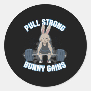 Pegatina Redonda Fitness Bunny Bodybuilder Tira de ganancia conyuga