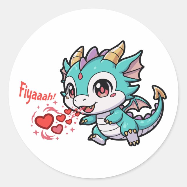 Pegatina Redonda Fiyaaah Cute Baby Dragon Chibi Anime Kawaii Heart (Anverso)