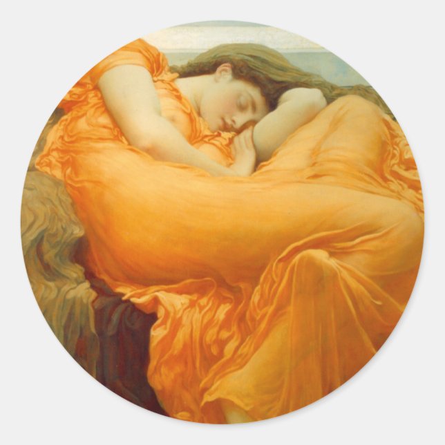 Pegatina Redonda Flamante junio de Frederick Leighton (Anverso)