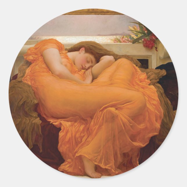 Pegatina Redonda Flamante junio por Frederic Leighton (Anverso)
