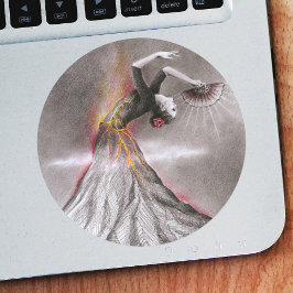 Pegatina Redonda Flamenco bailarina volcán arte de lápiz surrealist