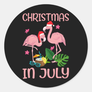 Pegatina Redonda Flamenco Rosa De Navidad En Julio Con Sombrero De 