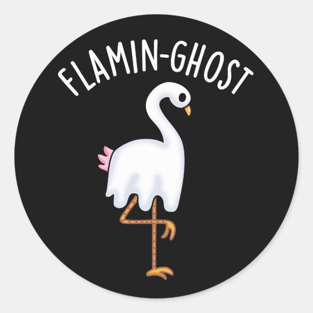 Pegatina Redonda Flamin-fantasma Funny Flamingo Ghost Pun Dark BG (Anverso)