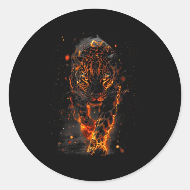 Pegatina Redonda Flaming Jaguar Fierce Leopard Wild Fire Animal Sri (Anverso)