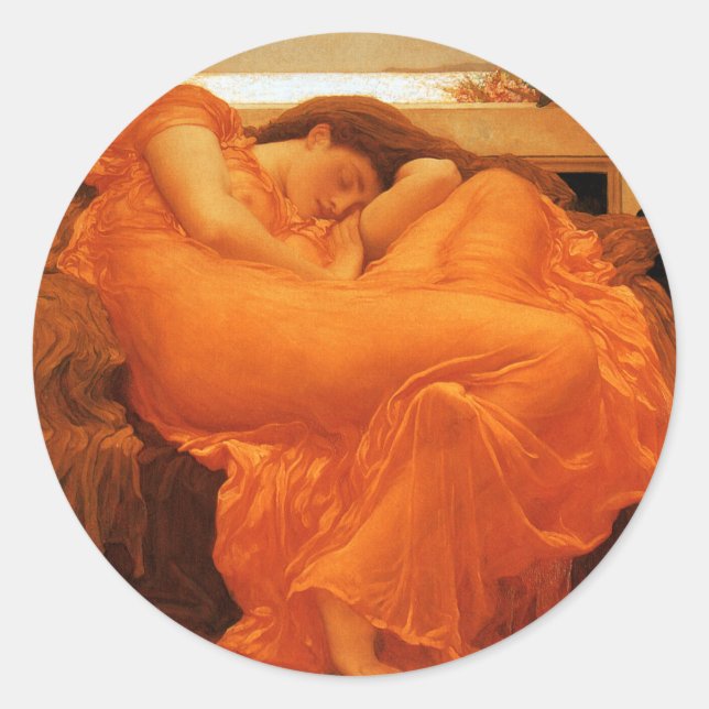Pegatina Redonda Flaming June Frederic Leighton Bella Artes (Anverso)