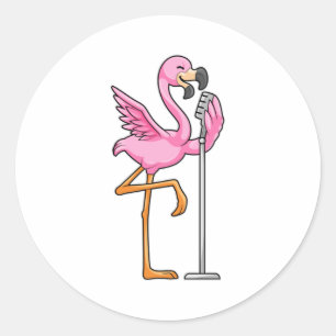 Pegatina Redonda Flamingo al cantar con micrófono