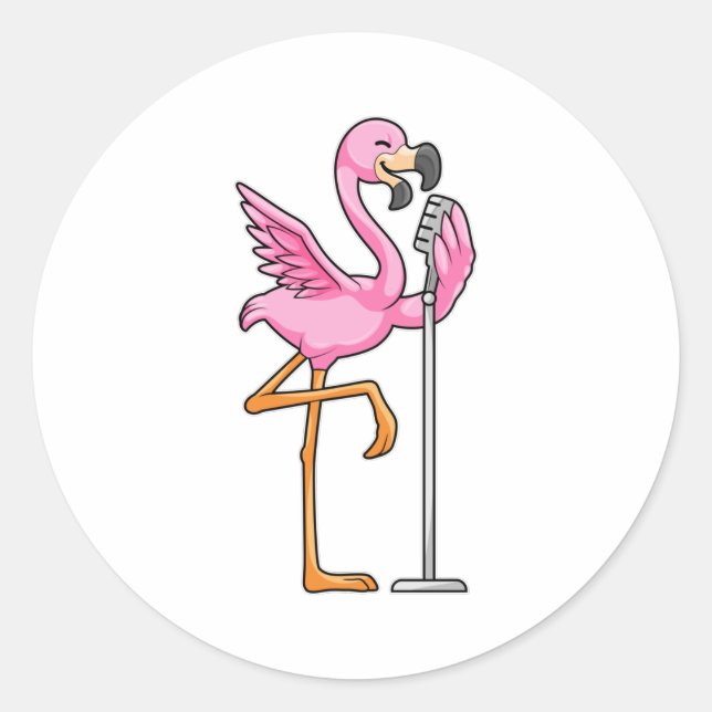 Pegatina Redonda Flamingo al cantar con micrófono (Anverso)