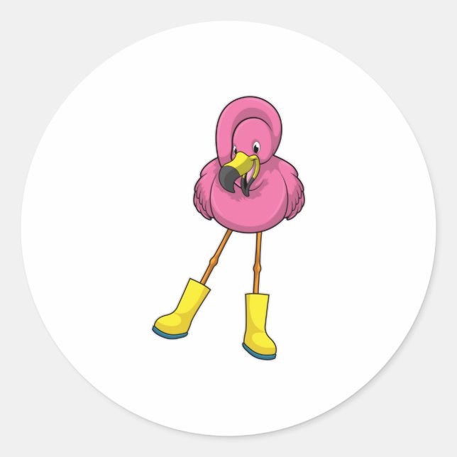 Pegatina Redonda Flamingo at Raining with Rubber boots (Anverso)