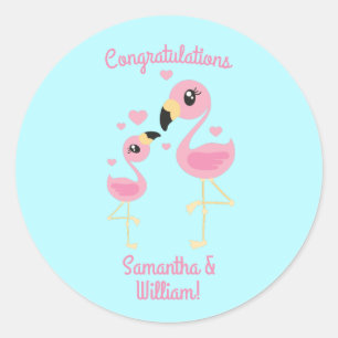 Pegatina Redonda Flamingo Baby Shower Cute Tropical
