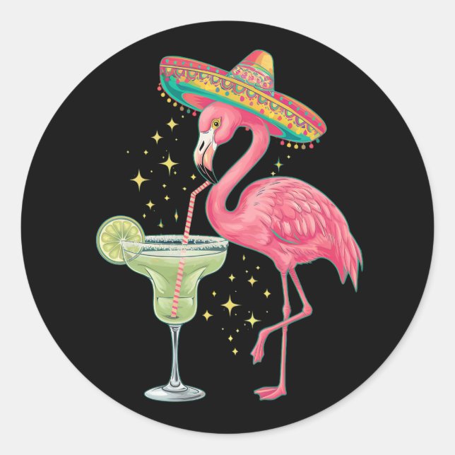 Pegatina Redonda Flamingo Beber Margarita Gracioso Poncho Mexicano (Anverso)