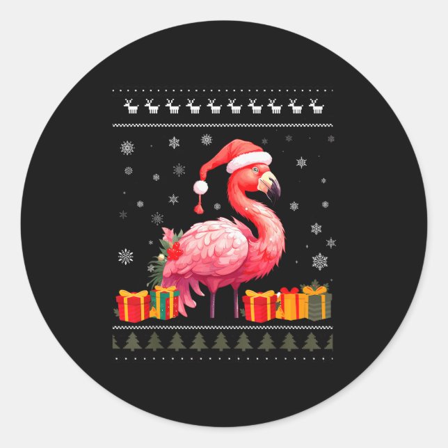 Pegatina Redonda Flamingo Christmas Santa Hat Ugly Christmas Sweate (Anverso)