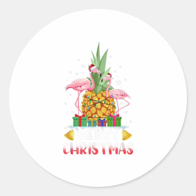 Pegatina Redonda Flamingo Christmas Tree Pineapple Xmas (Anverso)