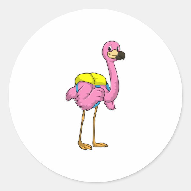 Pegatina Redonda Flamingo como alumno con bolso escolar (Anverso)