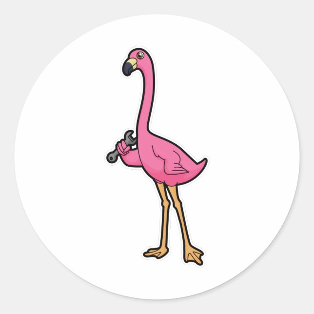 Pegatina Redonda Flamingo como mecánico con llave (Anverso)