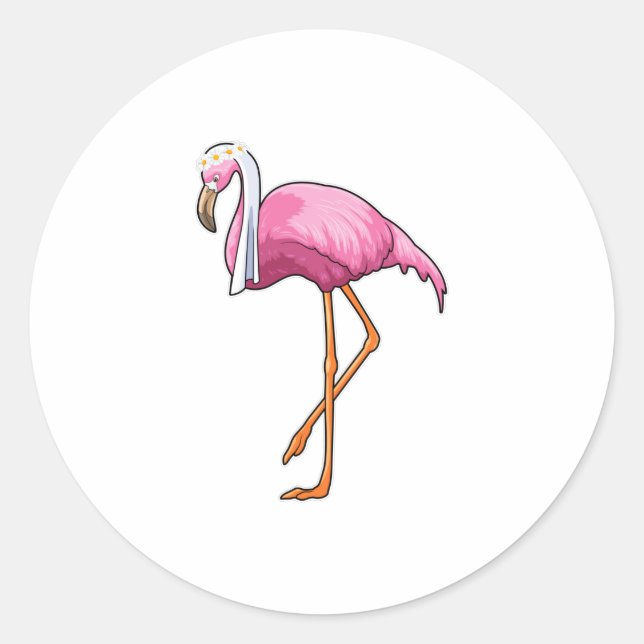 Pegatina Redonda Flamingo como novia con velo (Anverso)
