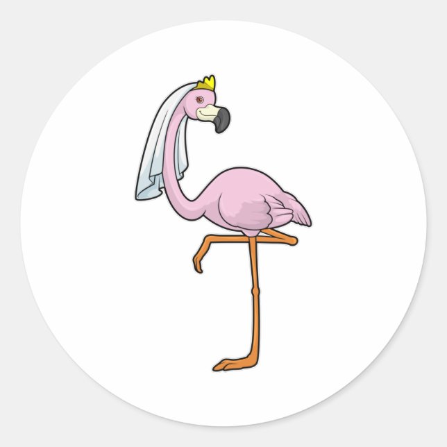 Pegatina Redonda Flamingo como novia en Boda con velo (Anverso)