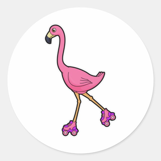 Pegatina Redonda Flamingo como patinador con patines (Anverso)