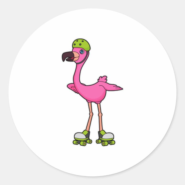 Pegatina Redonda Flamingo como patinador con patines y casco (Anverso)
