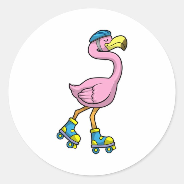 Pegatina Redonda Flamingo como patinador con patines y cascos (Anverso)