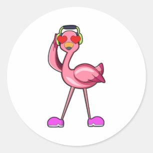 Pegatina Redonda Flamingo como pensionista con palo y Gorra