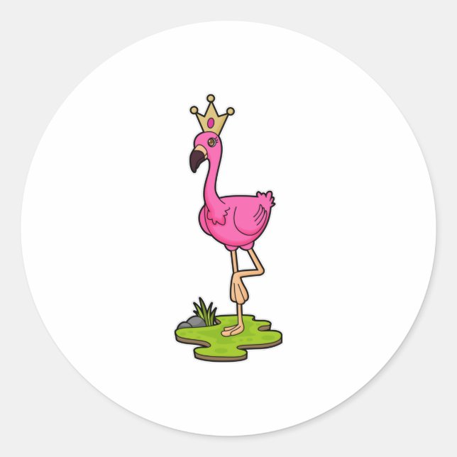 Pegatina Redonda Flamingo como princesa con corona (Anverso)
